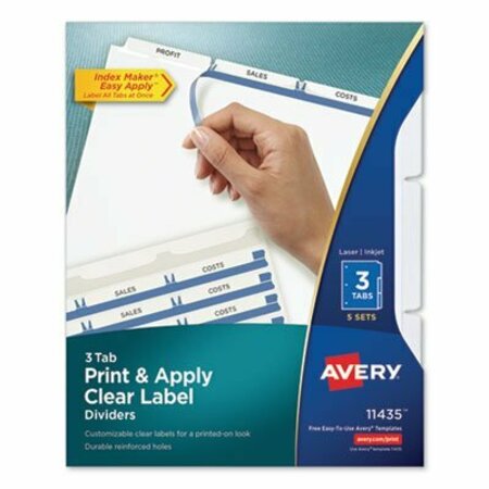 AVERY DENNISON Avery, PRINT AND APPLY INDEX MAKER CLEAR LABEL DIVIDERS, 3 WHITE TABS, LETTER, 5PK 11435